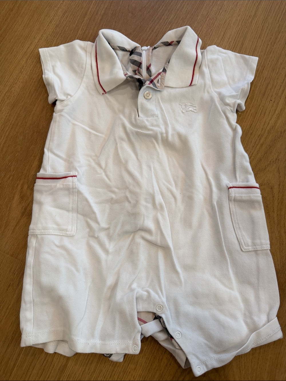 Burberry White Polo Romper with Red Trim
